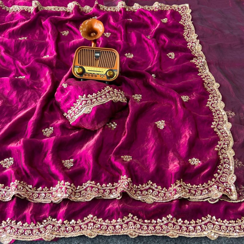 Party Wear Pure Space Silk Saree with Gold Bead & Cutwork Border