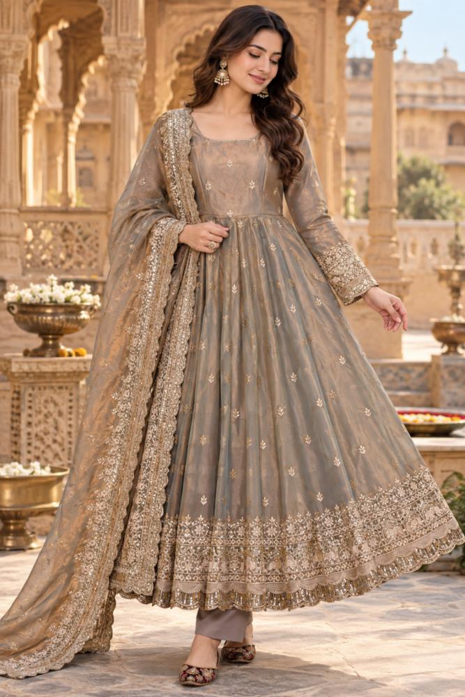 Mocha Taupe Embroidered Anarkali Suit Set with Dupatta