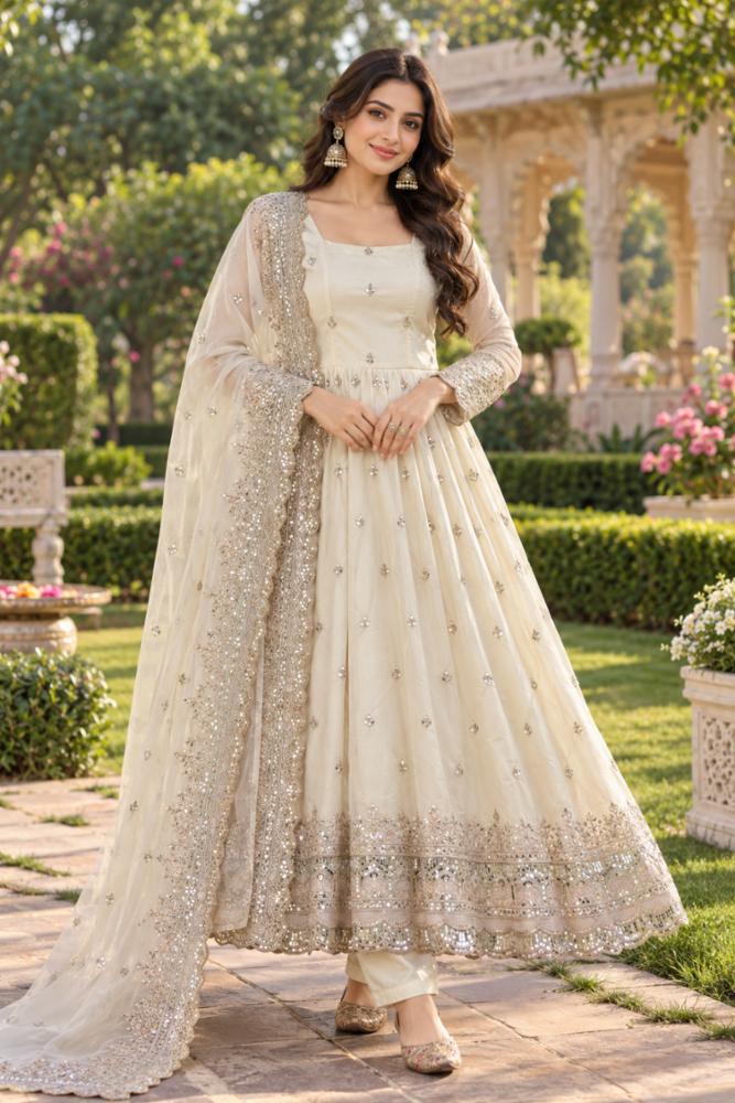 Ivory Embroidered Anarkali Suit Set with Dupatta