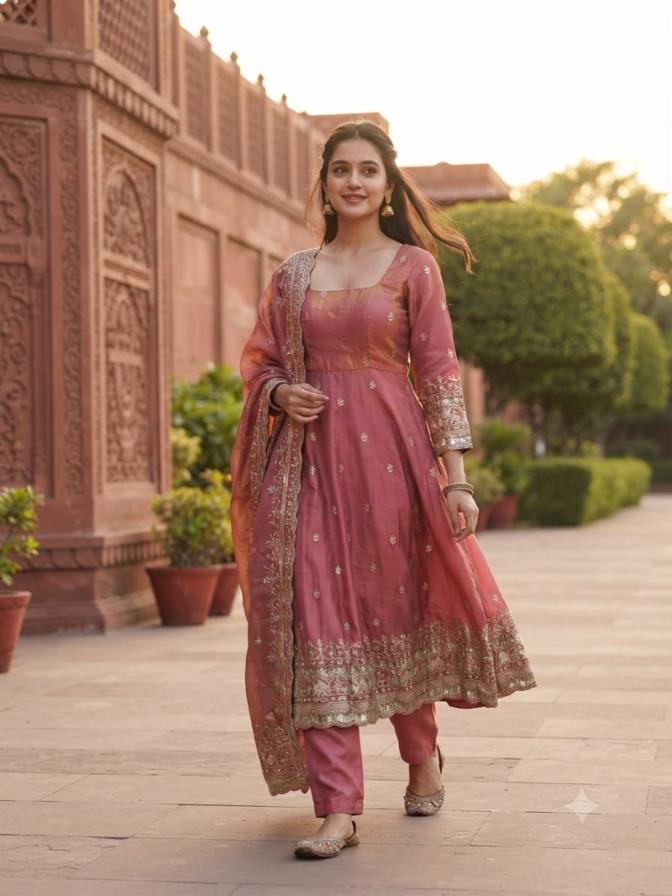 Rosewood Pink Micro Cotton Anarkali Set with Embroidered Dupatta