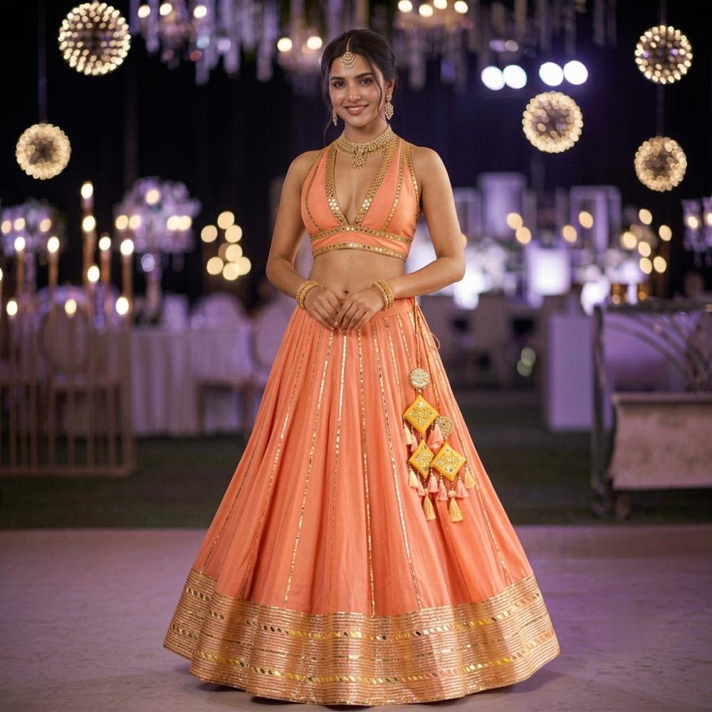Peach Mirror Work Lehenga Set with Gota Patti Detailing