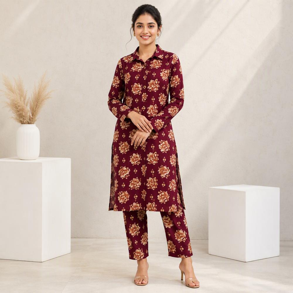 Green Rayon Floral Printed Co-ord Set with Long Kurta and Pants