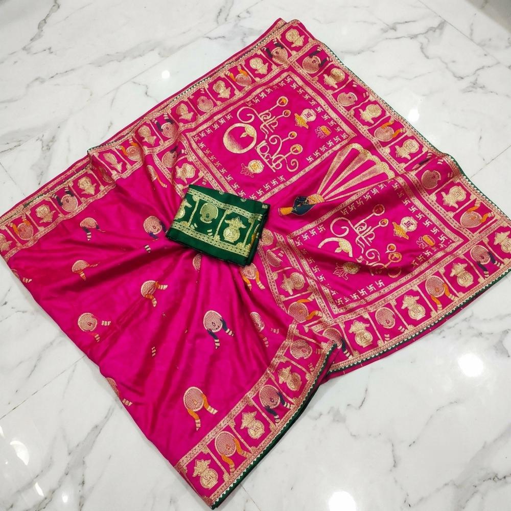 Rani Pink Dola Silk Meenakari Work Saree with Dark Green Blouse