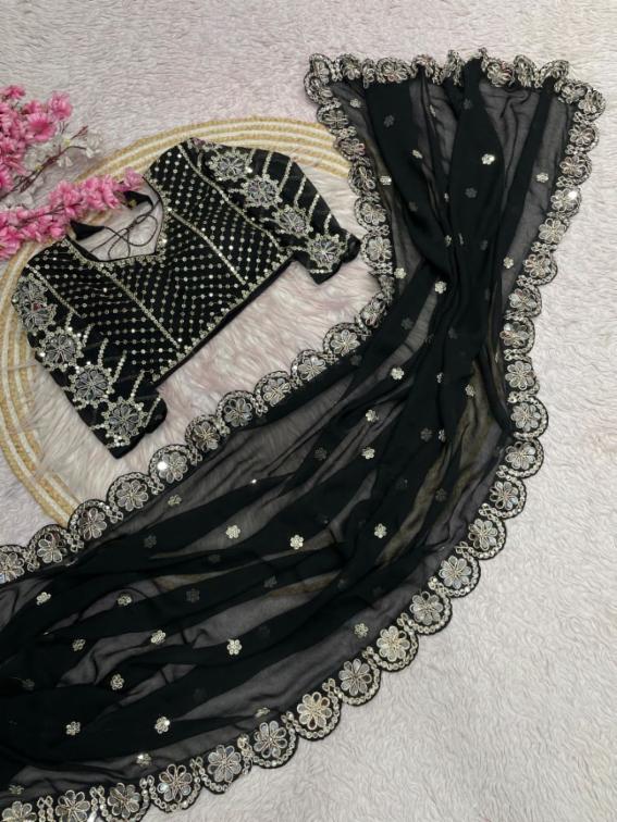Fox Georgette Embroidered Mirror Work Saree with Blouse!