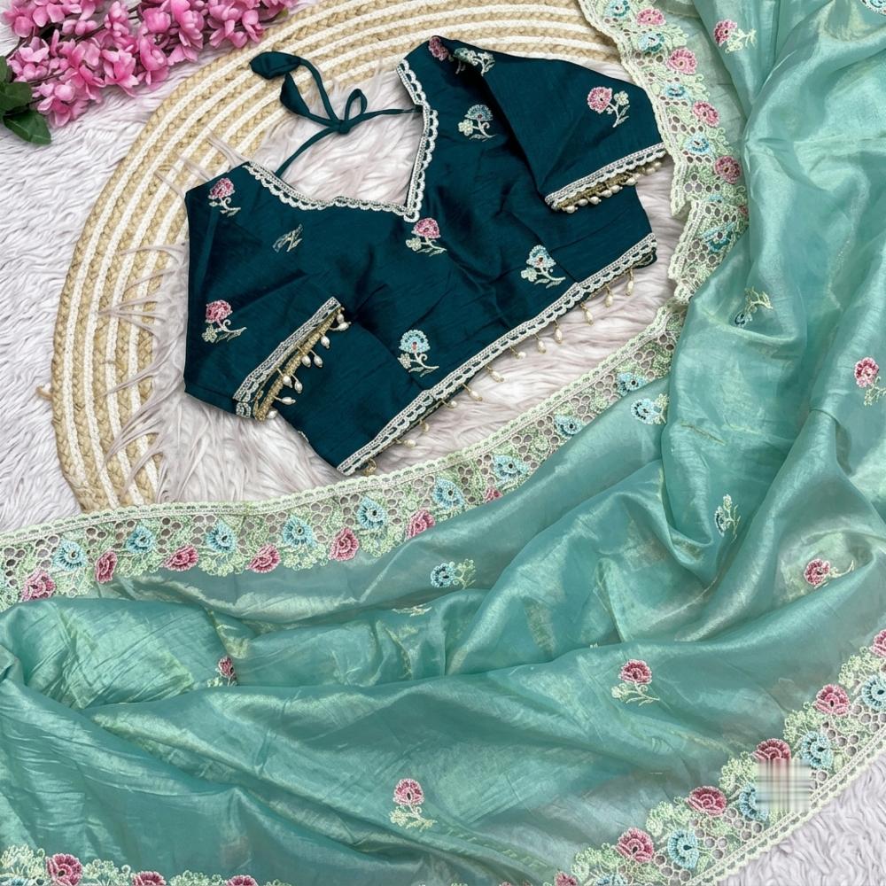 Soft Gold Crush Saree with Stitched Embroidered Blouse