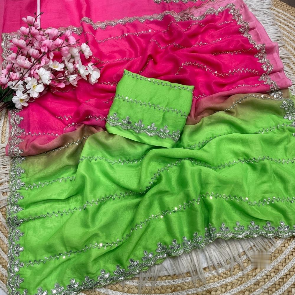 Fancy Satin Pedding Saree with Sequence Work and Digital Print Blouse