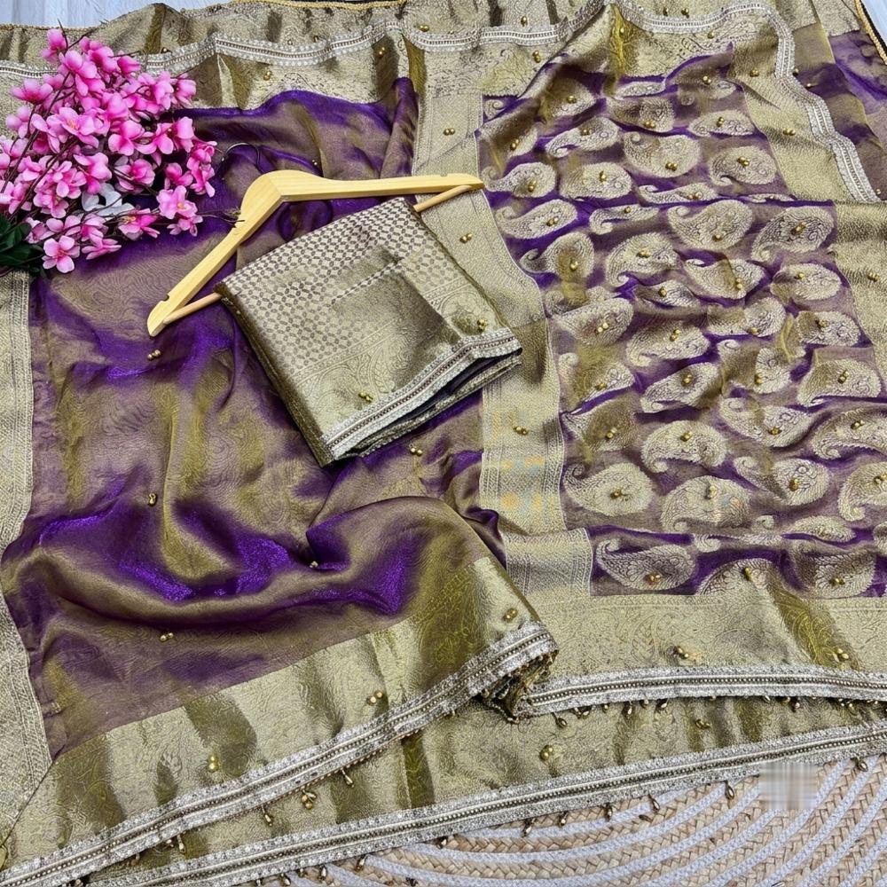 Banarasi Tissue Silk Saree with Ghunghroo Work and Lace Border