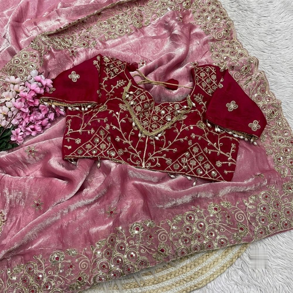 Fandy Satin Silk Saree with Stitched Blouse, Embroidery Work, Cutwork Border, Sequins Butti