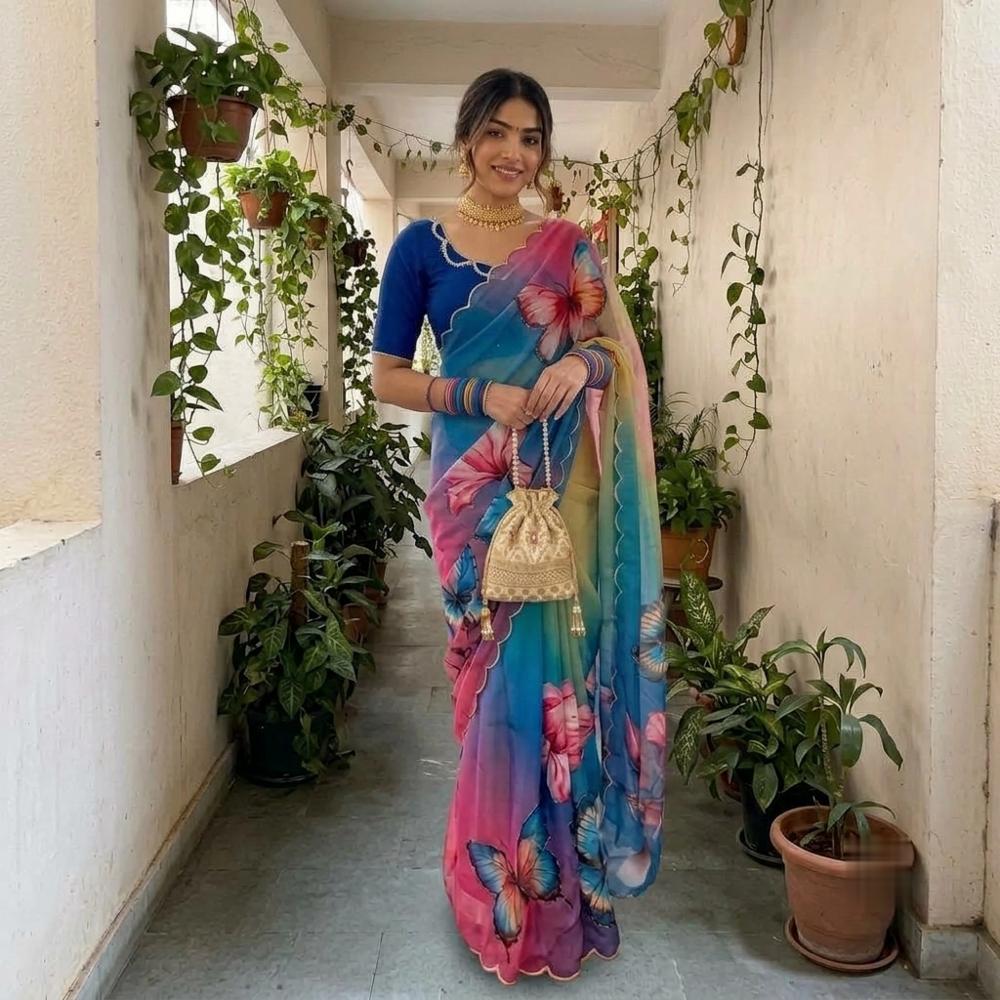 Georgette Digital Floral Print Saree with Cutdana Work and Blouse