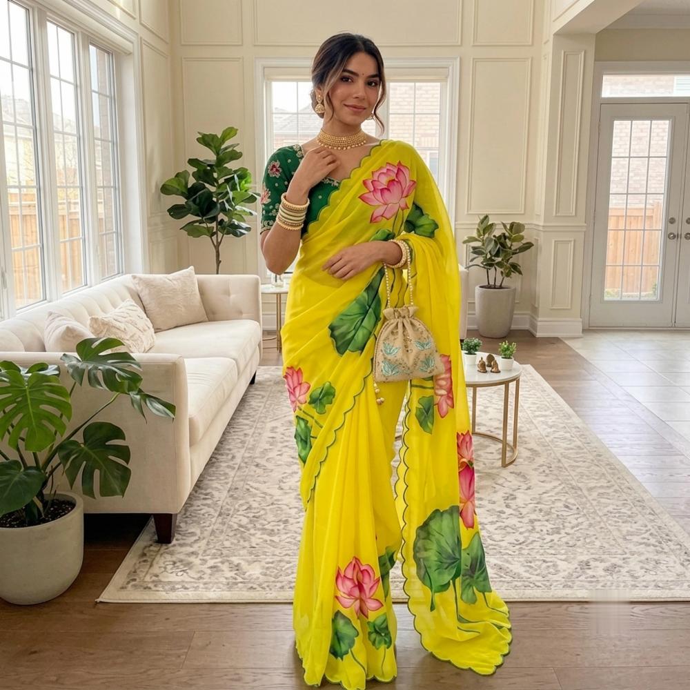 Georgette Digital Floral Print Saree with Cutdana Work & Blouse
