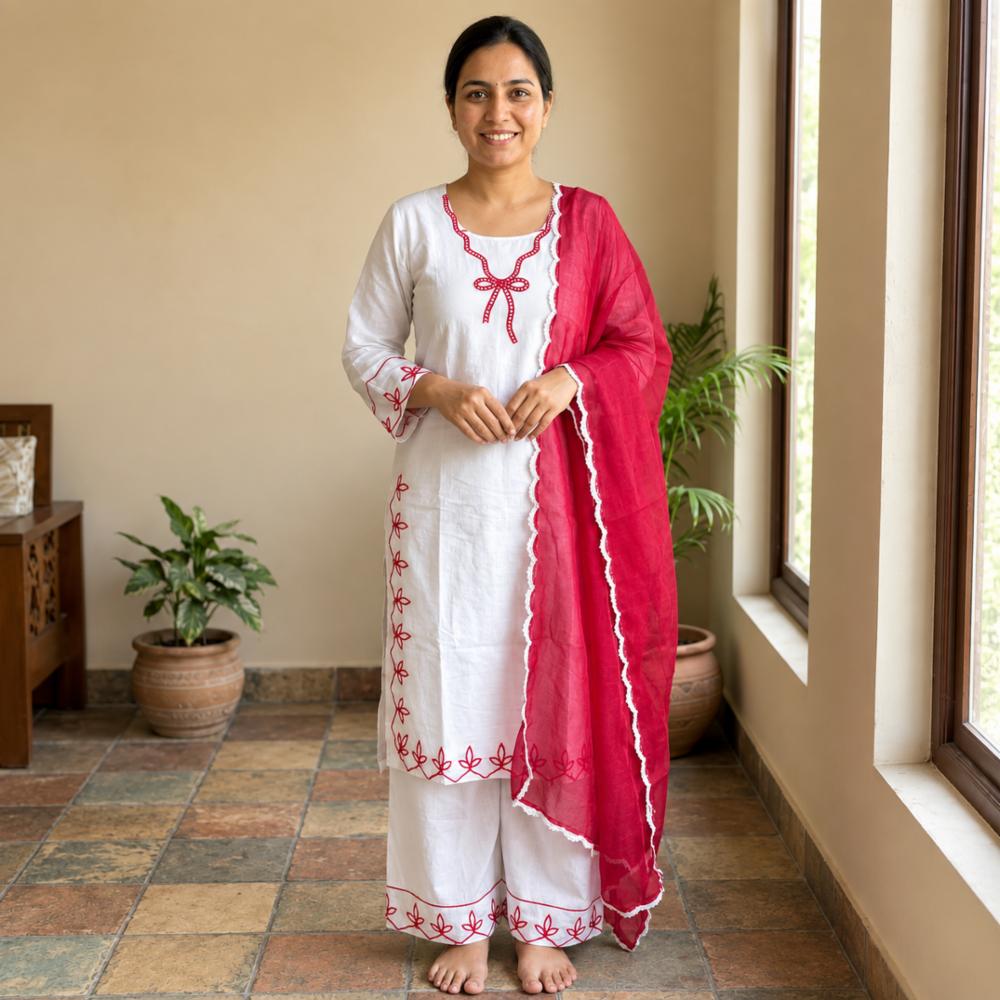 White Rayon Kurti Palazzo Set with Pink Embroidered Dupatta