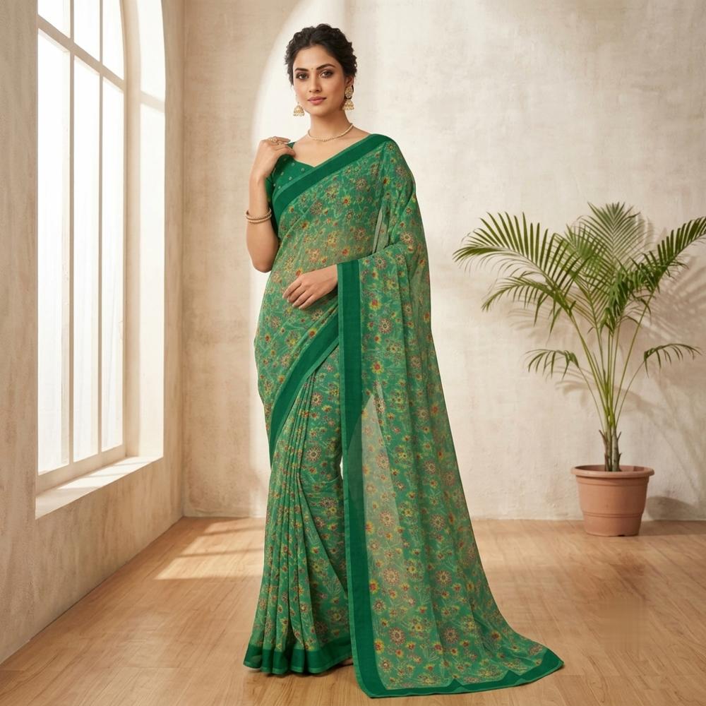 Green Floral Chiffon Printed Saree with Embroidered Blouse