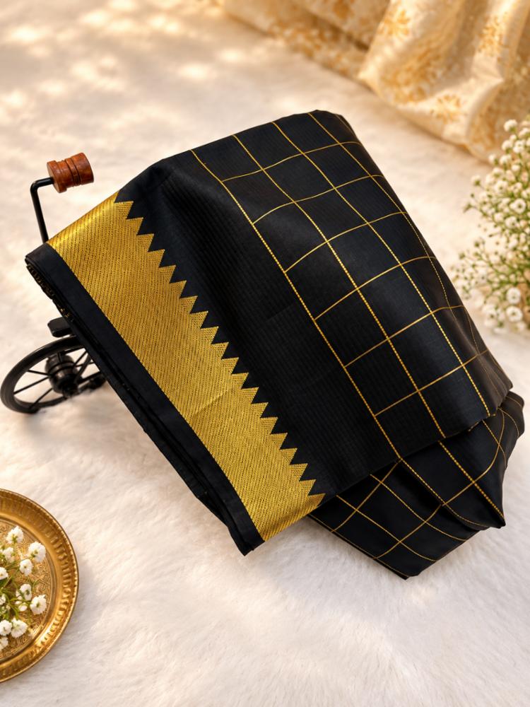 Cotton Silk Black & Golden Checks Saree with Blouse Piece
