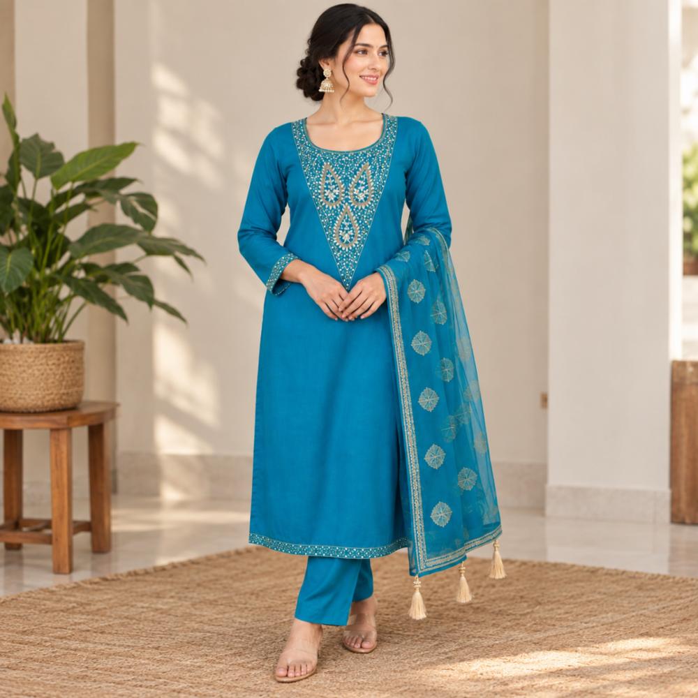 Heavy Pure Cotton Unstitched Suit Set with Embroidered Shirt and Banarsi Look Dupatta