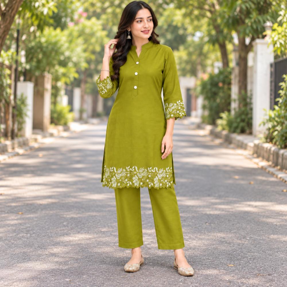 Stitched Cotton Cord-set with Shirt Collar and Embroidered Border