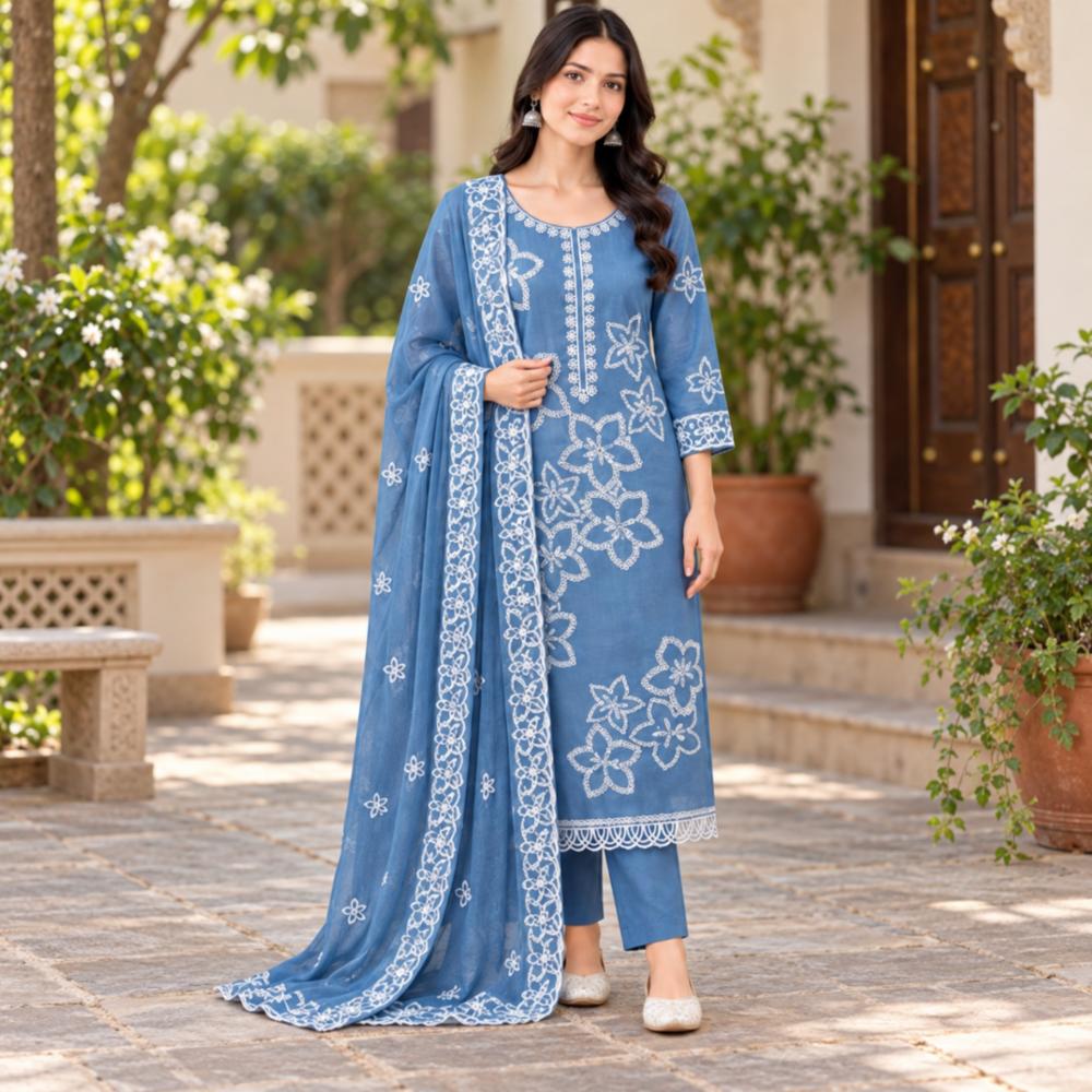 Thread Work Embroidery Unstitched Suit Prampra Cotton with Halfpure Dupatta