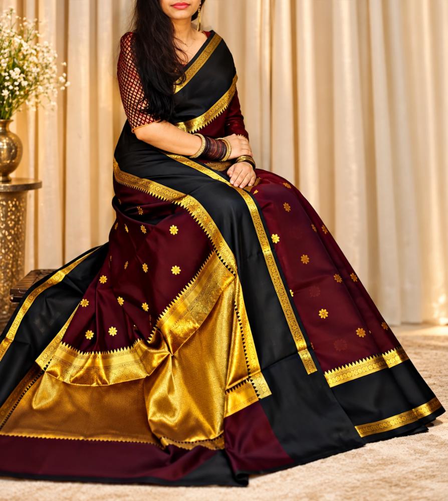 Banarasi Soft Silk Saree in Black and Maroon