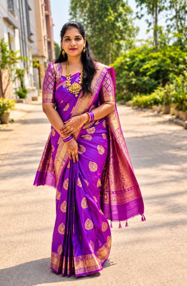 Purple Banarasi Silk Saree with Golden Zari Butti