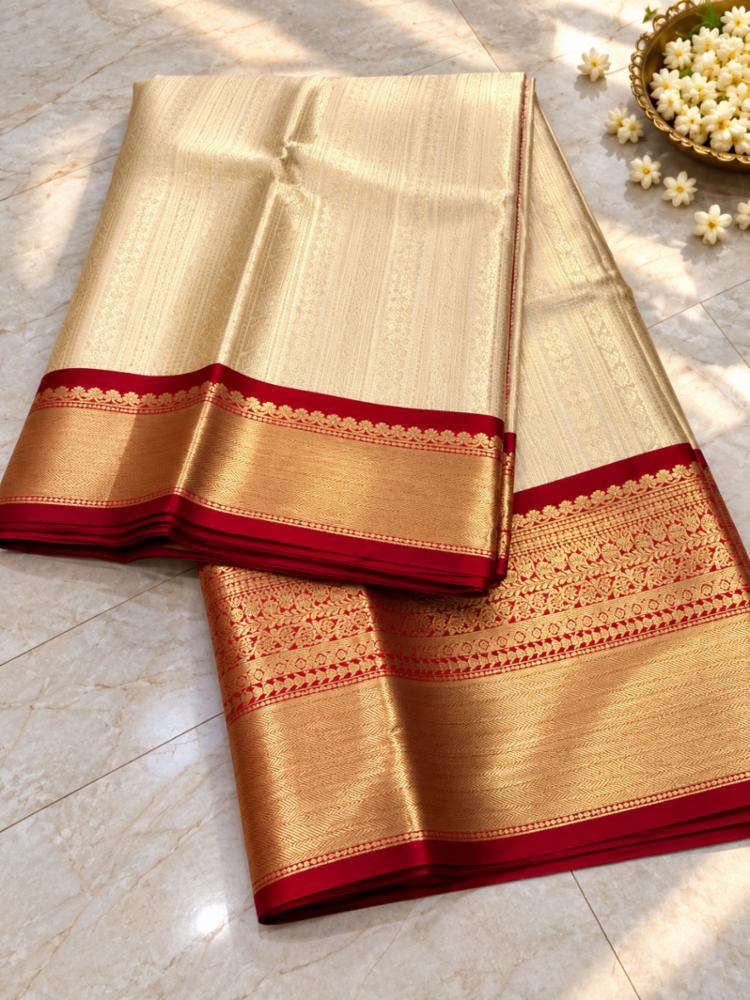 Banarasi-Style Soft Silk Saree With Red-Gold Border