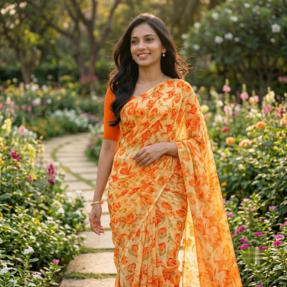 Designer Casual Printed Sheer Chiffon Saree with Blouse