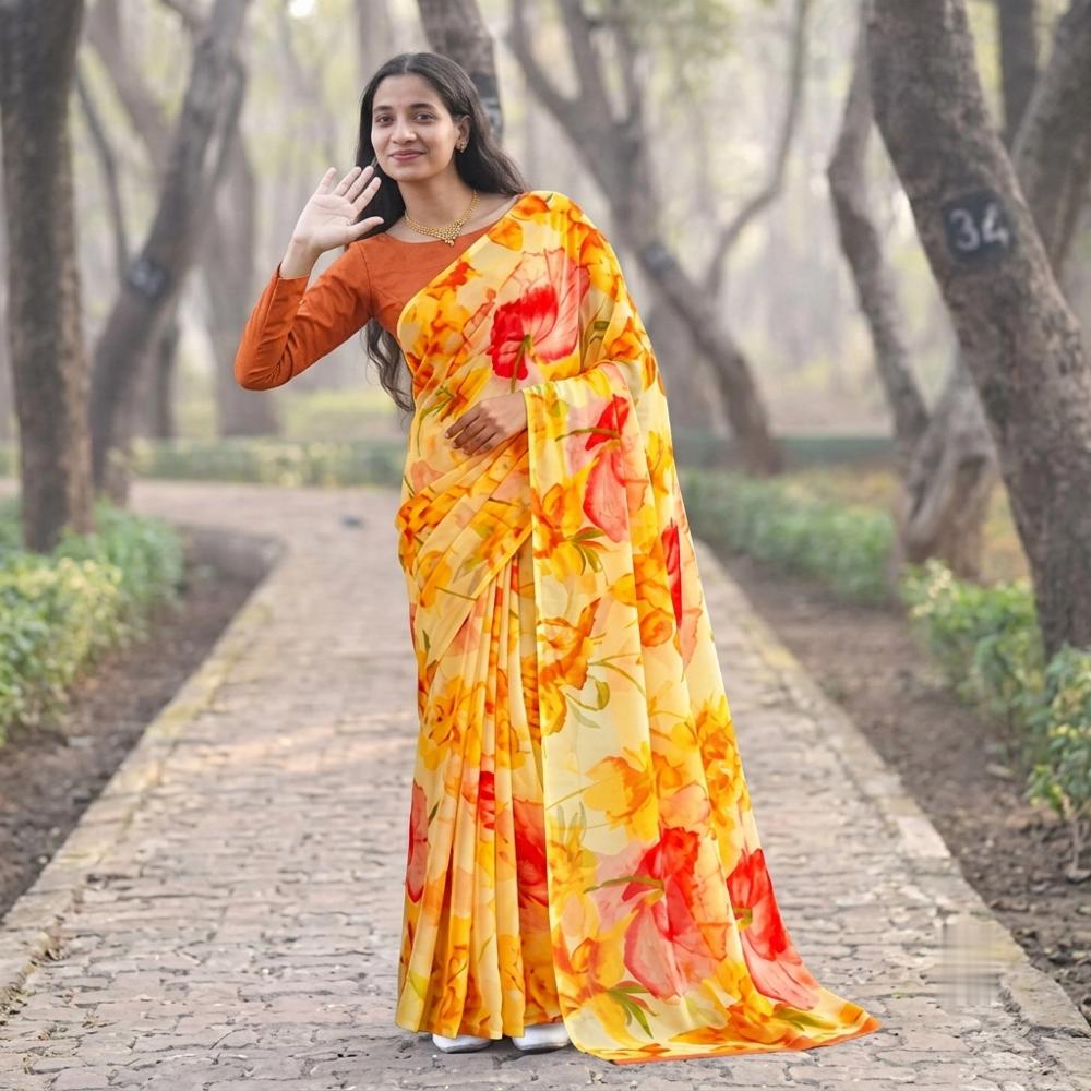 Floral Printed Saree with Orange Blouse