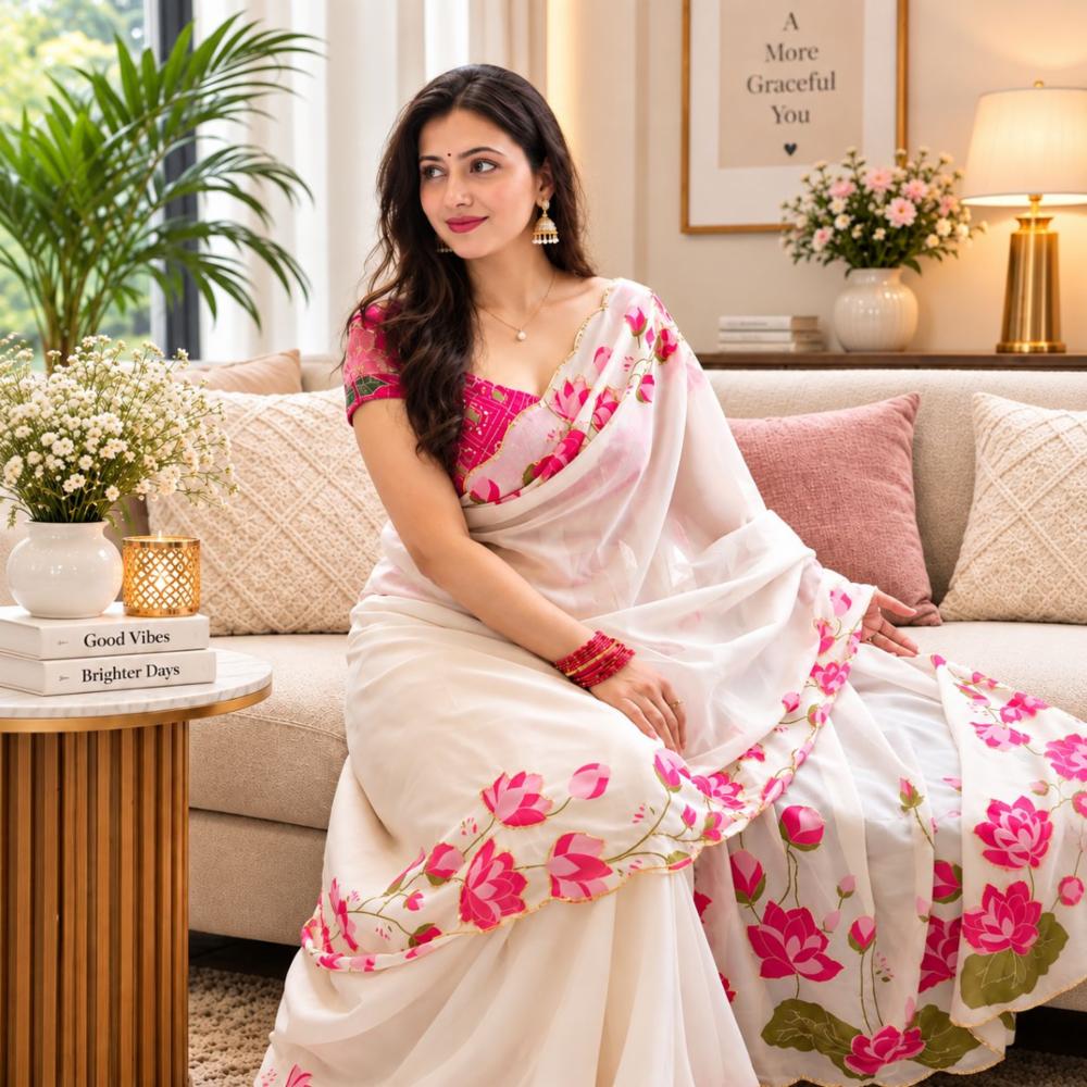 Soft Tebby Silk Floral Print Saree with Handwork Blouse 