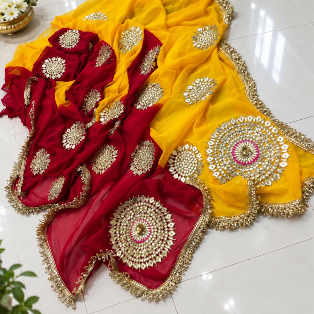 Multicolor Chiffon Saree with Multi Dye Gotta Pati Work and Blouse