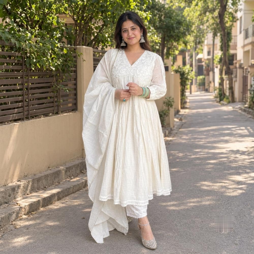 Anarkali Gown with Embroidery, Cotton Pant and Chanderi Dupatta