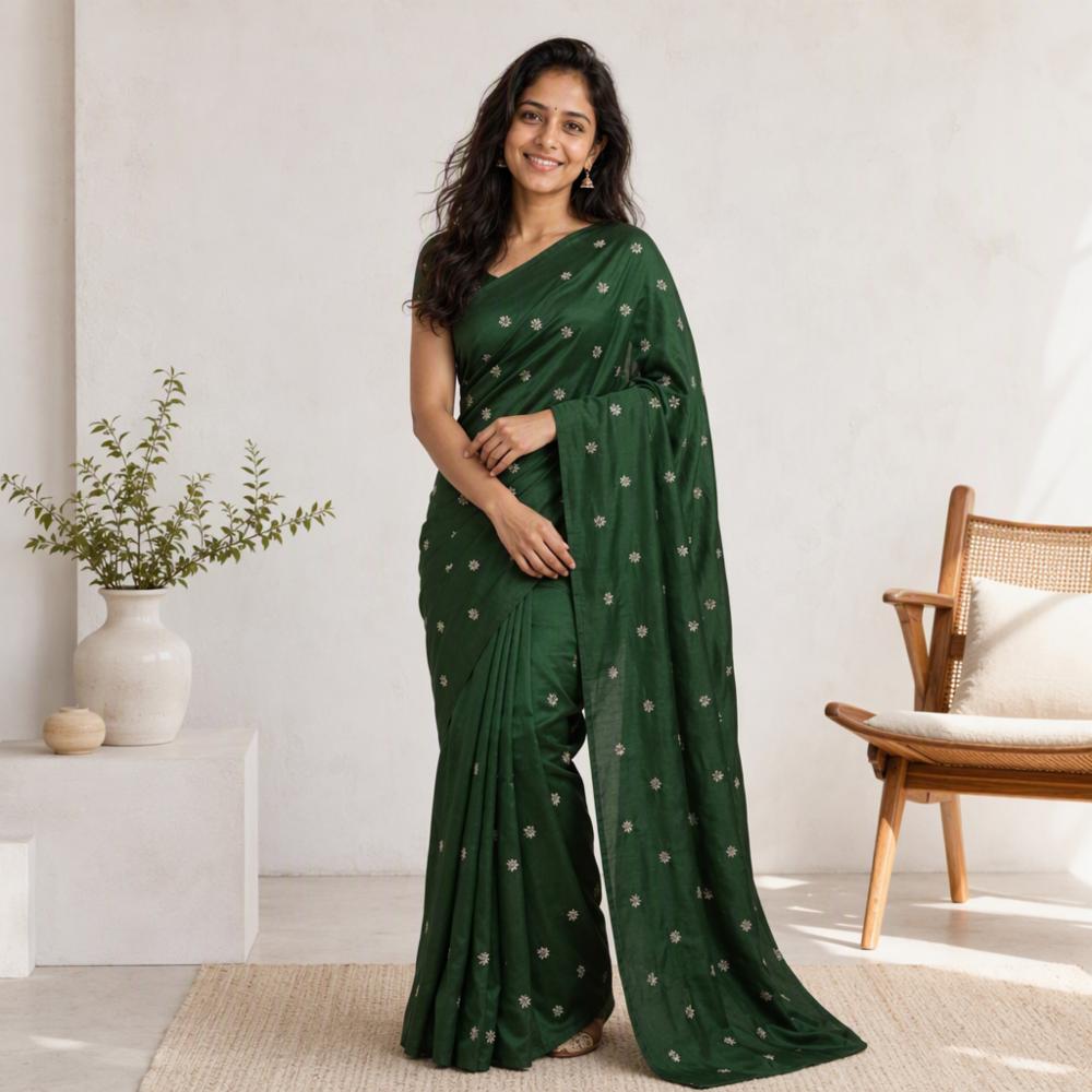 Women's Bottle Green Soft Cotton Saree