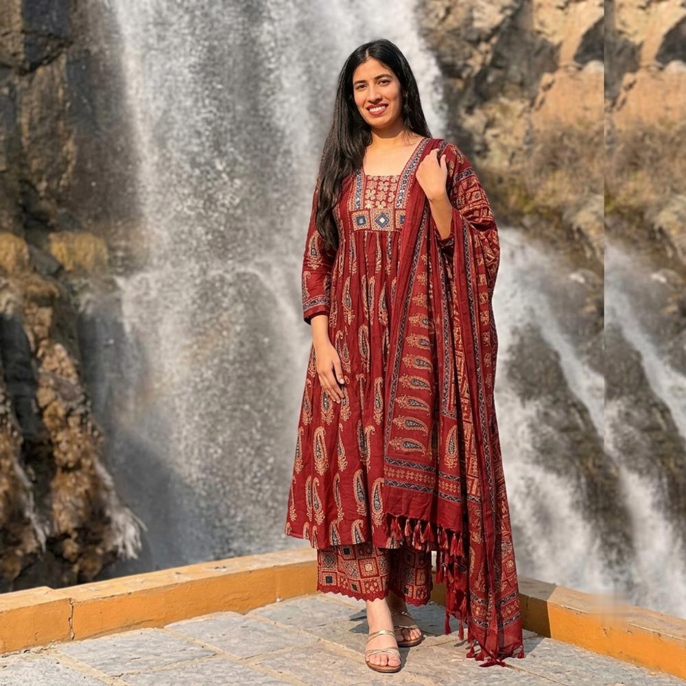 Ajrakh Print Cotton Anarkali Plazo Suit with Handwork and Mirror Work