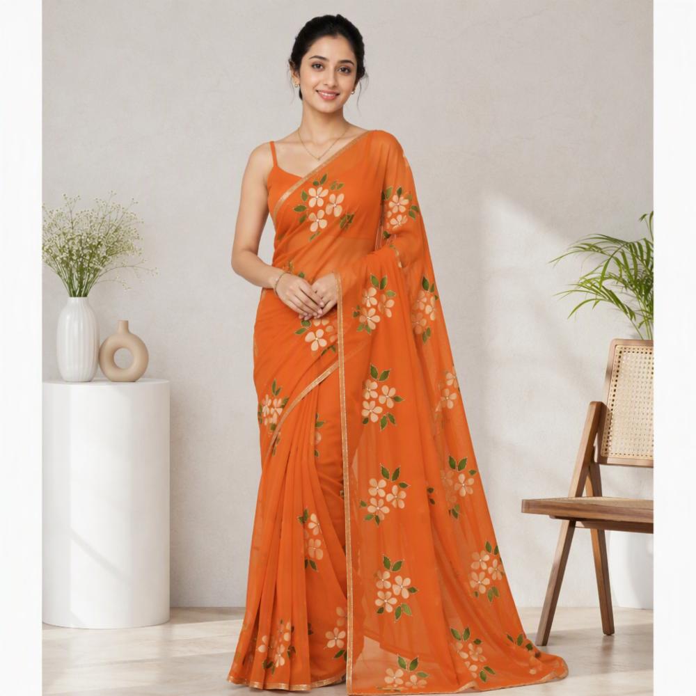 Semi Chiffon Brush Print Handwork Saree