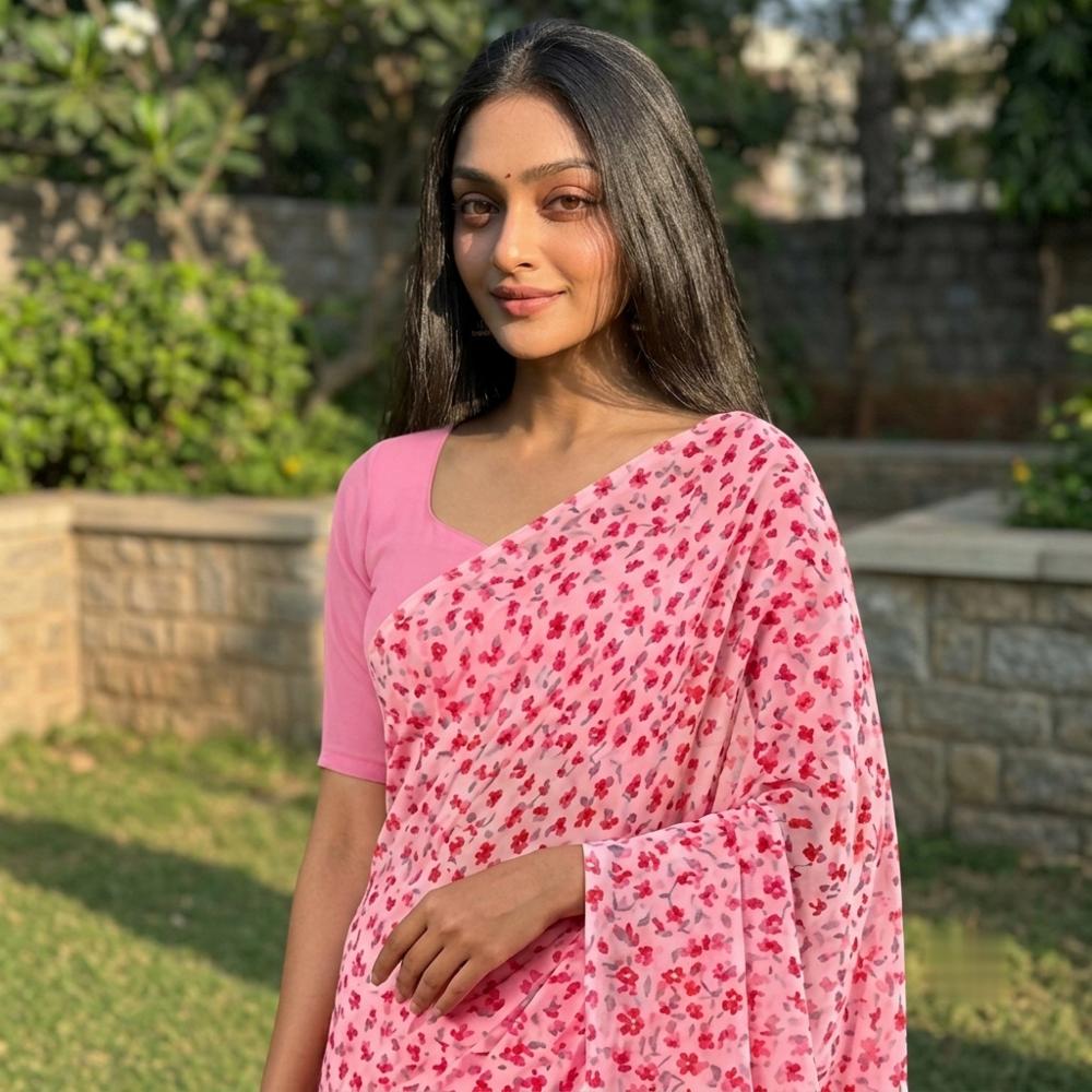 Blush Pink Floral Printed Saree with Blouse Piece