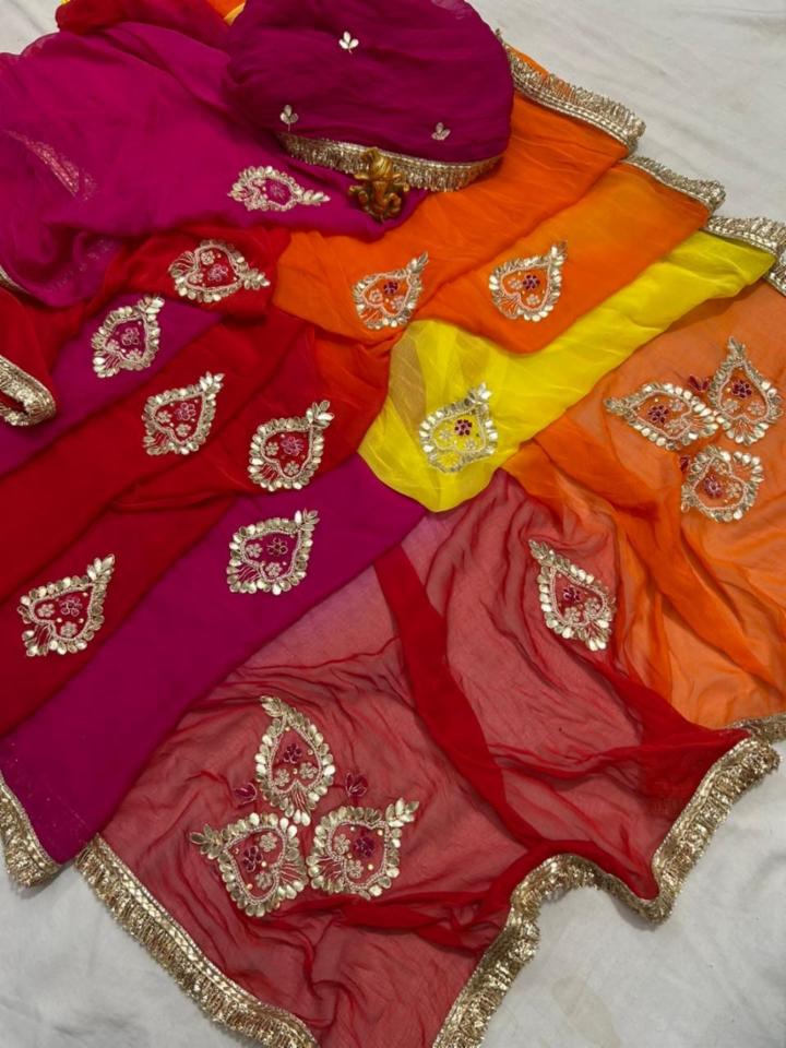 Half Pure Chiffon Multi Shaded Saree with Fancy Handwork Buta