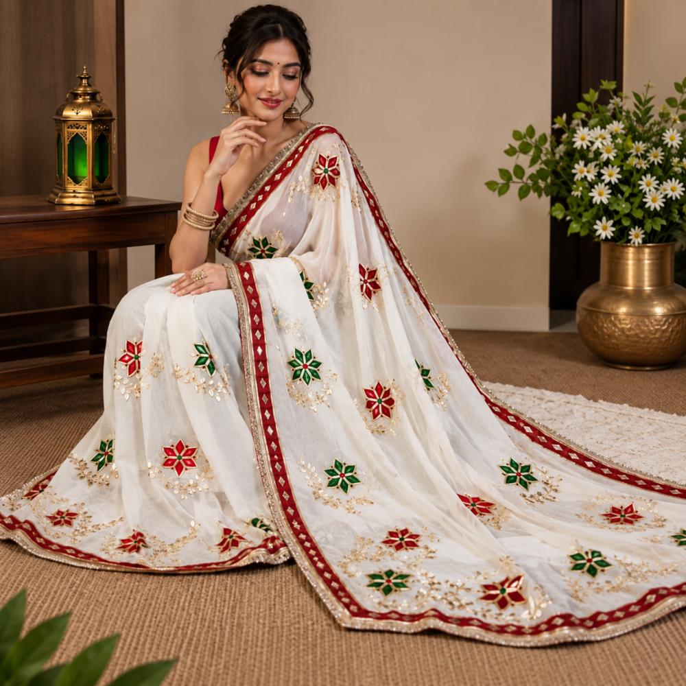 Royal Georgette Saree with Kaccha Gota Work and Golden Border