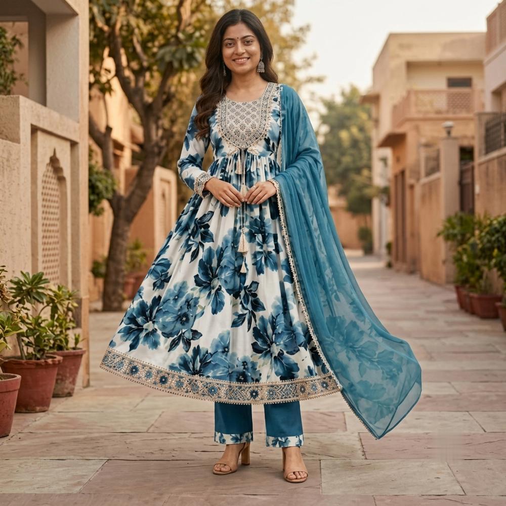 Rayon Kurti Pant Dupatta Set in Party Wear Style