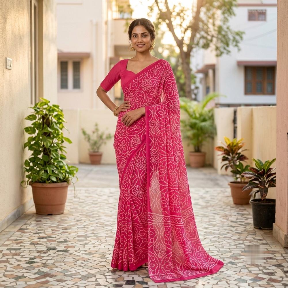 Pink Printed Chiffon Saree with Bandhani Design and Unstitched Blouse