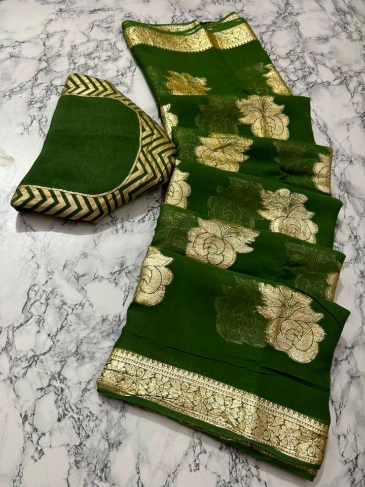 Pure Georgette Viscose Saree with Rose Buta and Silver Zari