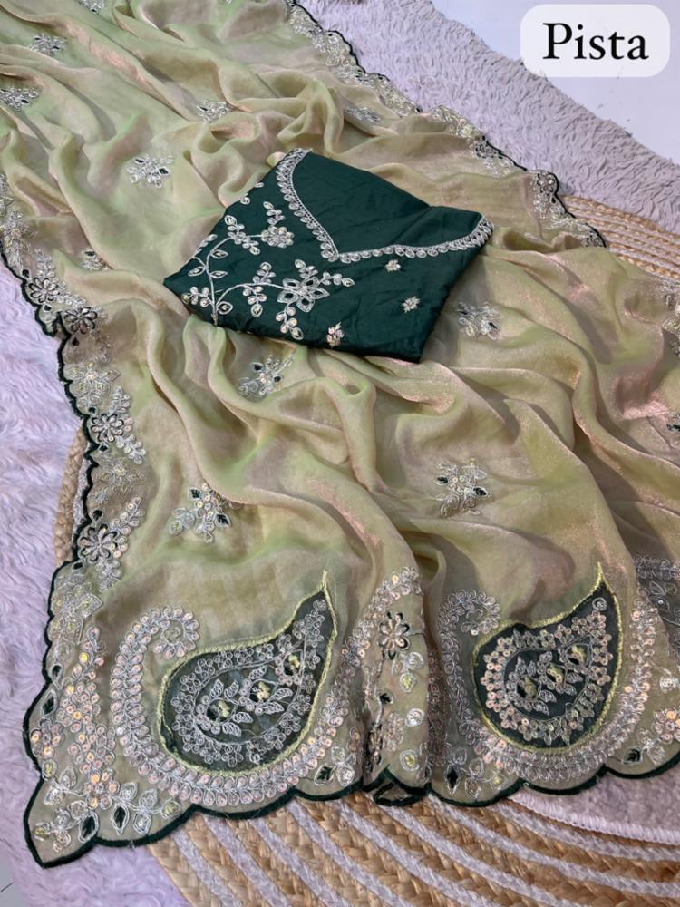 Premium Twill Moss Embroidery Work Party Wear Saree