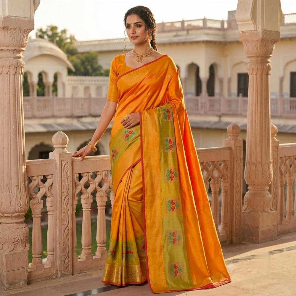 Mustard Gold & Olive Silk Banarasi Saree with Woven Motifs and Contrast Border