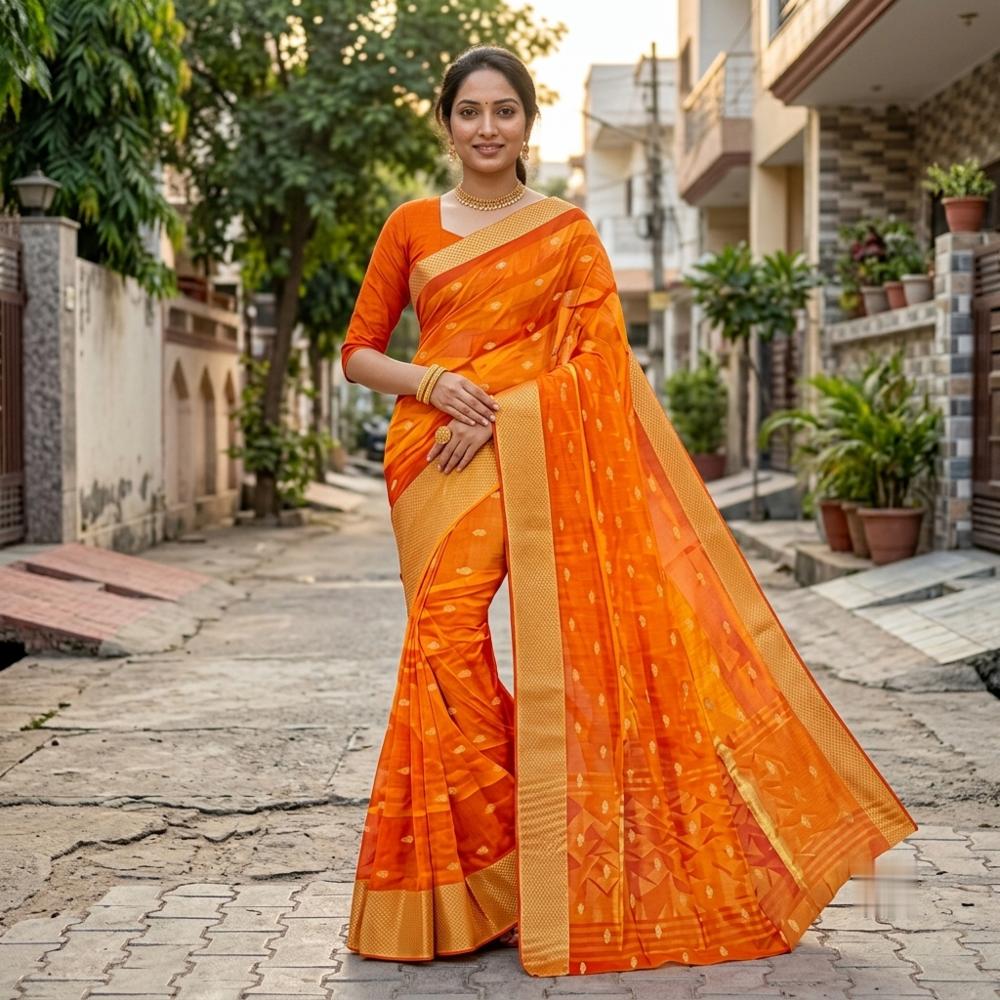 New Designer Party Wear Silk Saree - Orange & Golden Zari Border