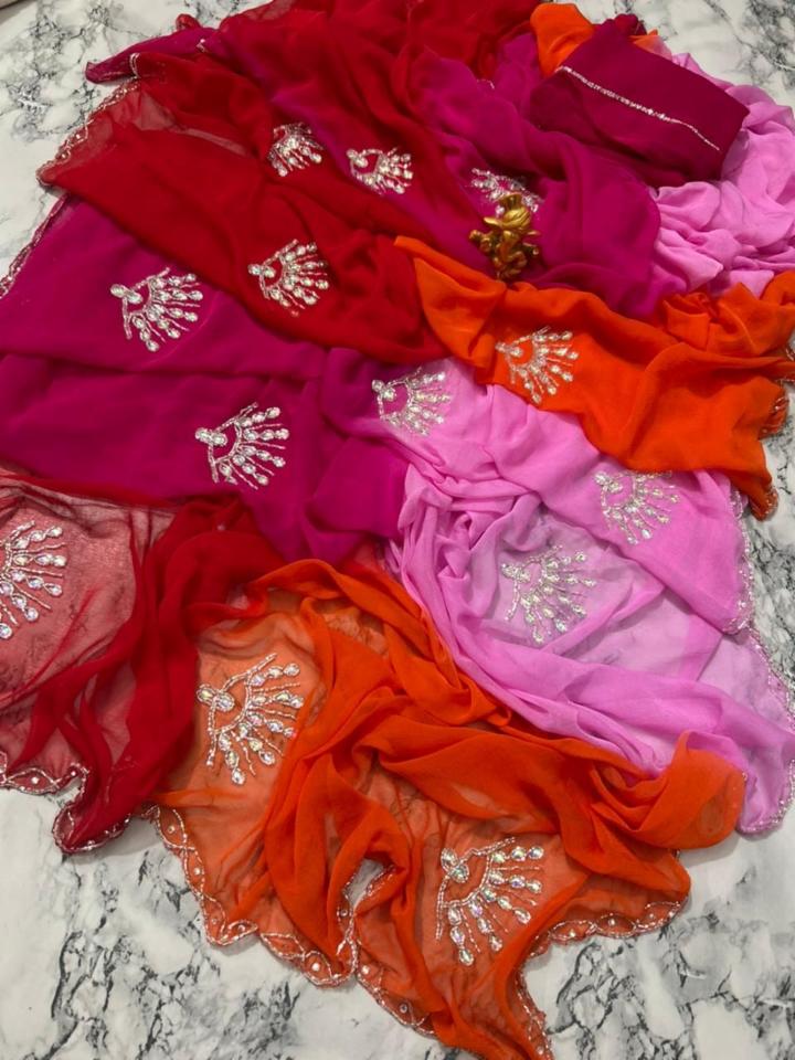 Half Pure Shiffon Handwork Saree with Box Shaded Multicolor and Handwork Motifs