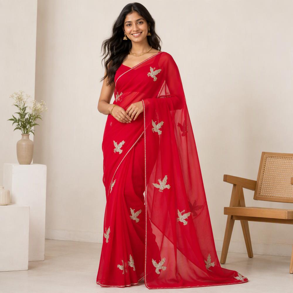 Half Pure Chiffon Saree with Bird Motifs