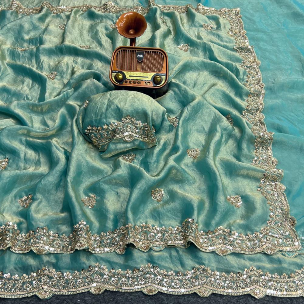 Pure Space Silk Gold Beads Work Saree