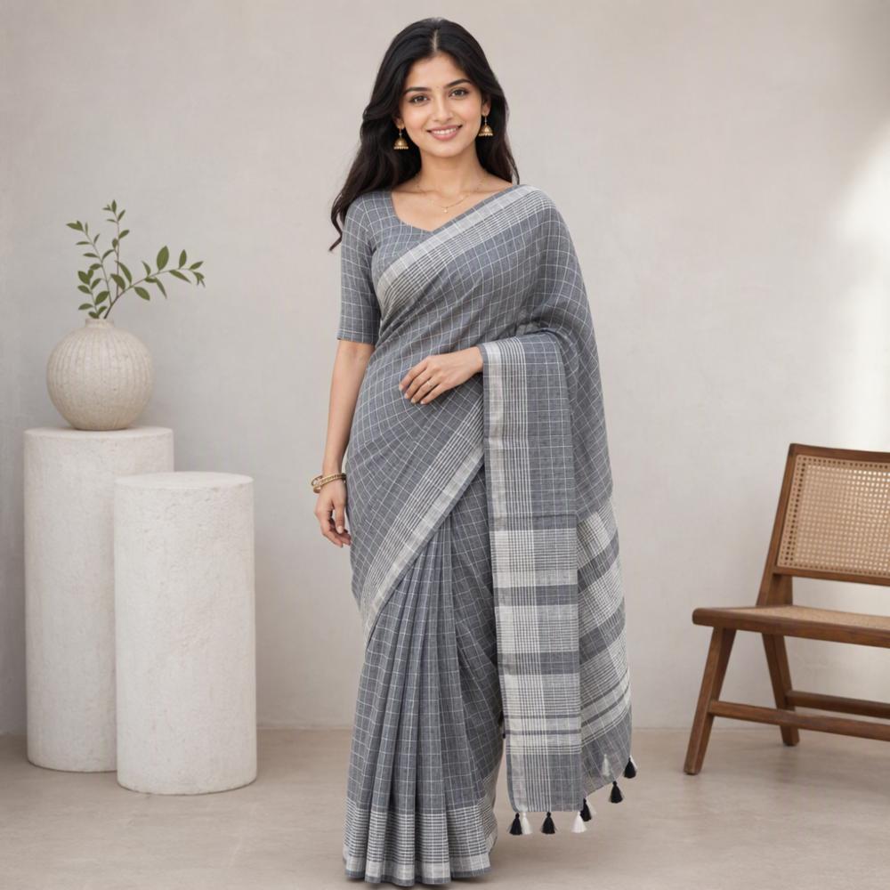Womenâs Linen Cotton Saree with Attractive Tassels