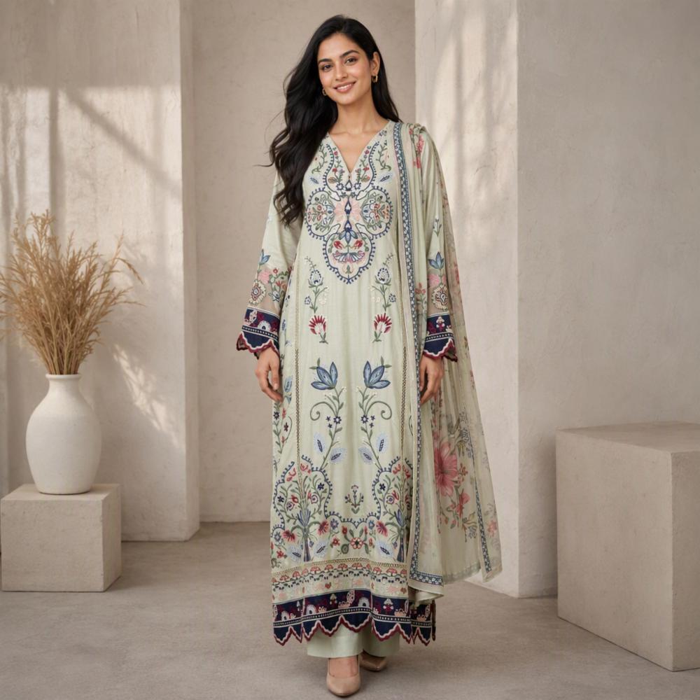 Pakistani Pure Cotton Satin Embroidered 3 Piece Kurta Set