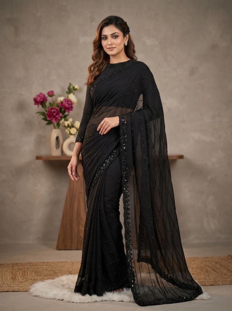 Party Wear Pure Fox Georgette Black Beads Work Saree