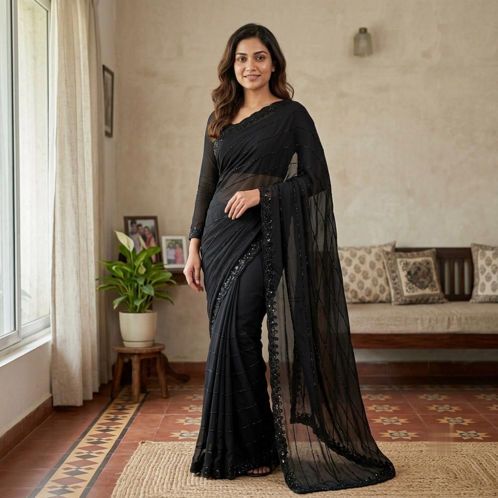 Pure Fox Georgette Saree with Black Beads Work and Cutwork Border