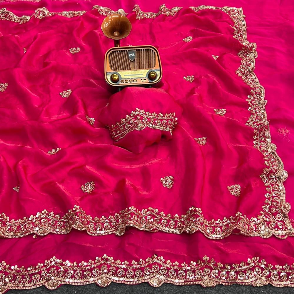 Party Wear Pure Space Silk Saree with Gold Beads Work