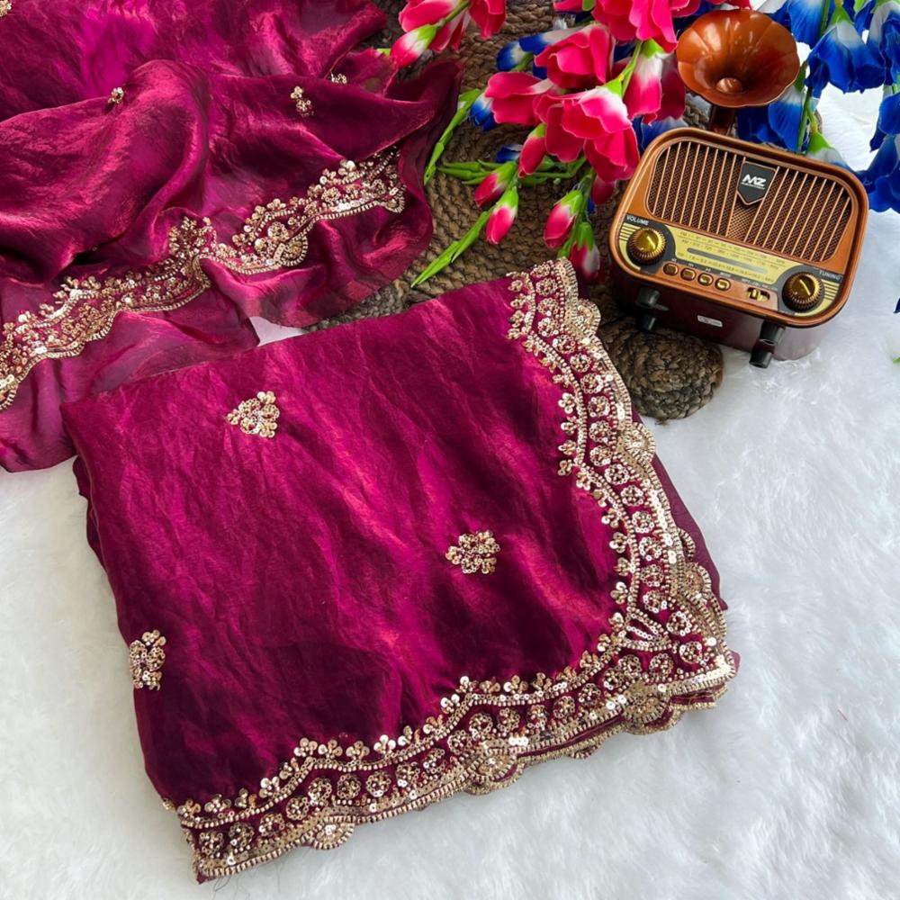 Party Wear Pure Space Silk Saree with Gold Beads Work and Fancy Blouse
