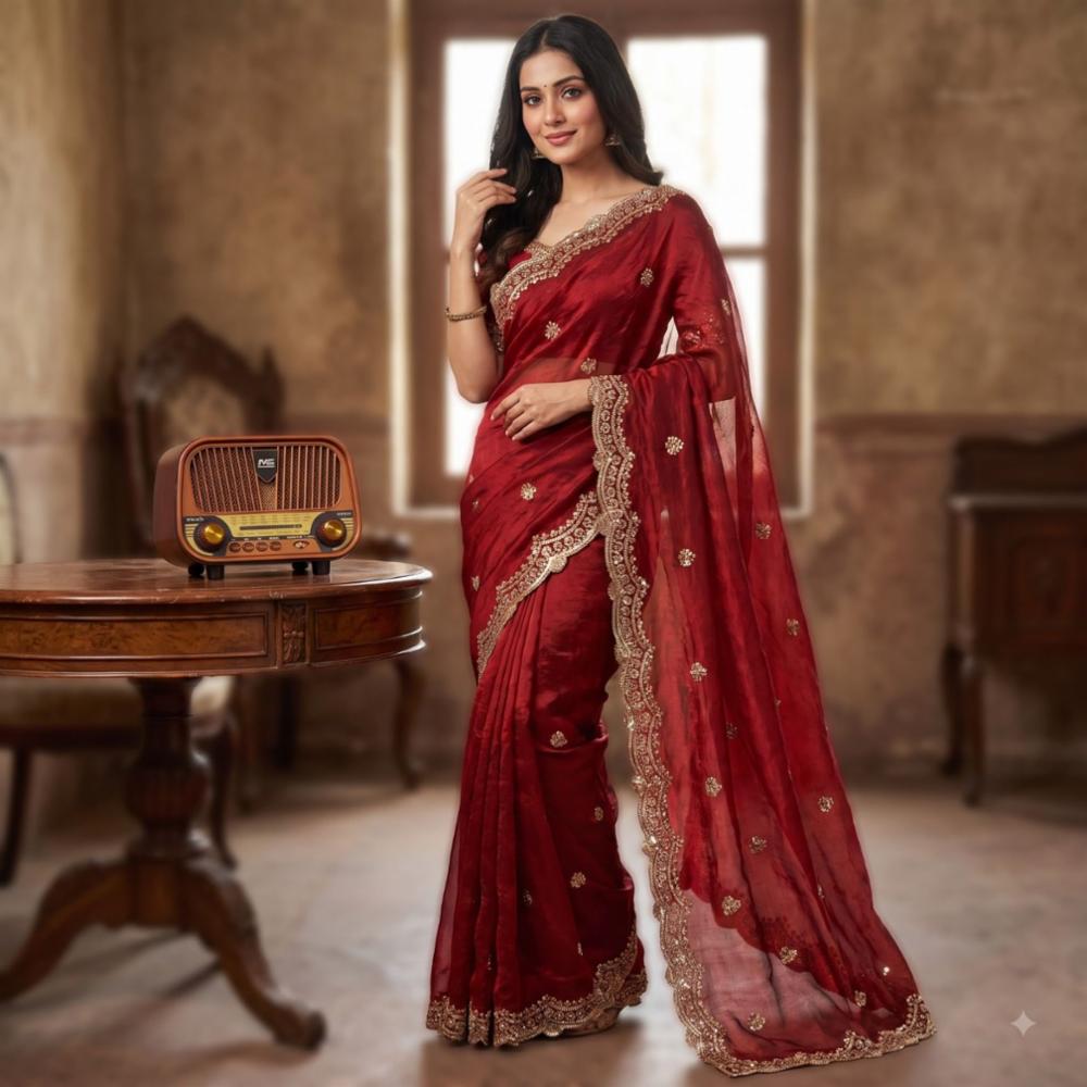 Pure Space Silk Saree with Original Gold Beads Work